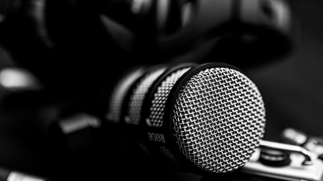 Podcast equipment with professional headphones and microphone